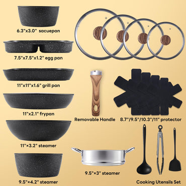 Sweetcrispy 17 Pcs Nonstick Pots and Pans, Non-toxic Kitchen Cooking Set with Stay-Cool Handles, Natural Black