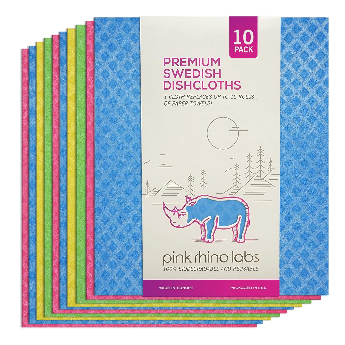 PINK RHINO LABS Swedish Dishcloths - Eco-Friendly Reusable Kitchen Towels - 10 Pack Cleaning Cloths for Dishes, Counters & Surfaces - Super Absorbent, Compostable, Zero-Waste Alternative