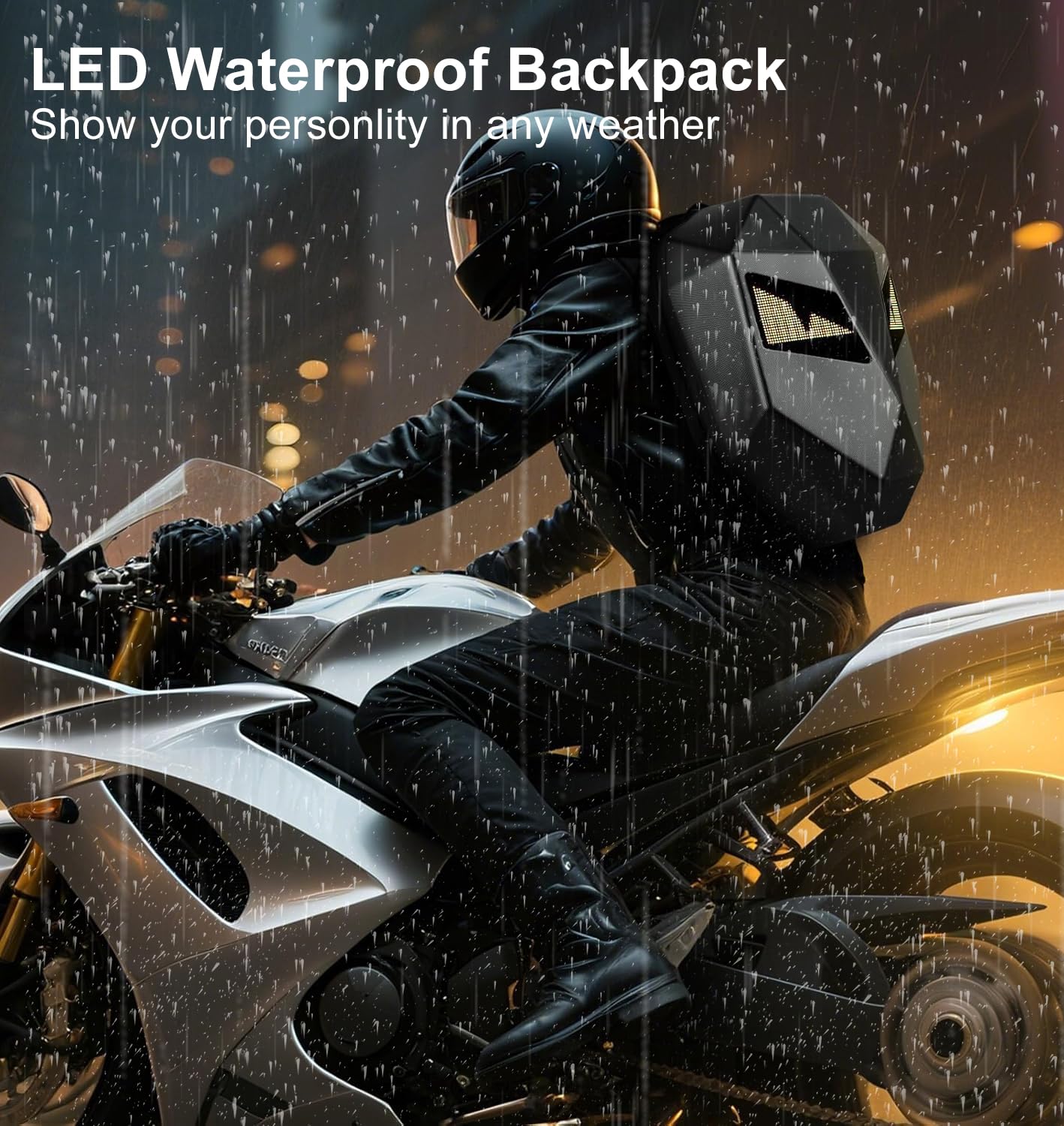 Crelander LED Knight Rucksack, 19-Zoll-Motorradrucksack mit App-Steuerung, programmierbarem Vollfarbdisplay, wasserdicht, großes Fassungsvermögen, Hartschalen-Helmtasche, DIY-Pixel-Art-Animations-Laptop-Tagesrucksack 