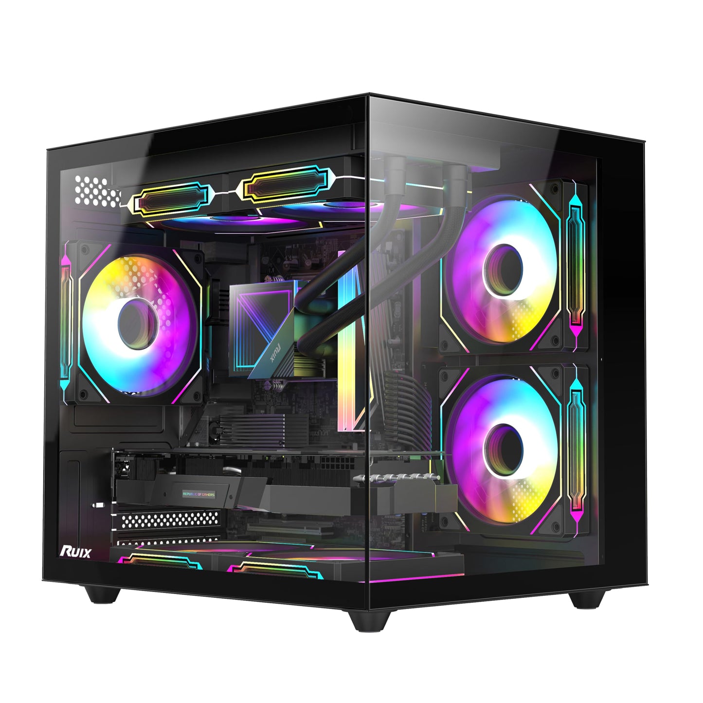 RUIX OV502 M-ATX Mini-Tower PC Case, Pre-Installed 3 x 120mm Prism ARGB PWM Fans, 180° Panoramic Tempered Glass Panel, USB 3.0 Ports, Compact High-Airflow Gaming Computer Case - Black