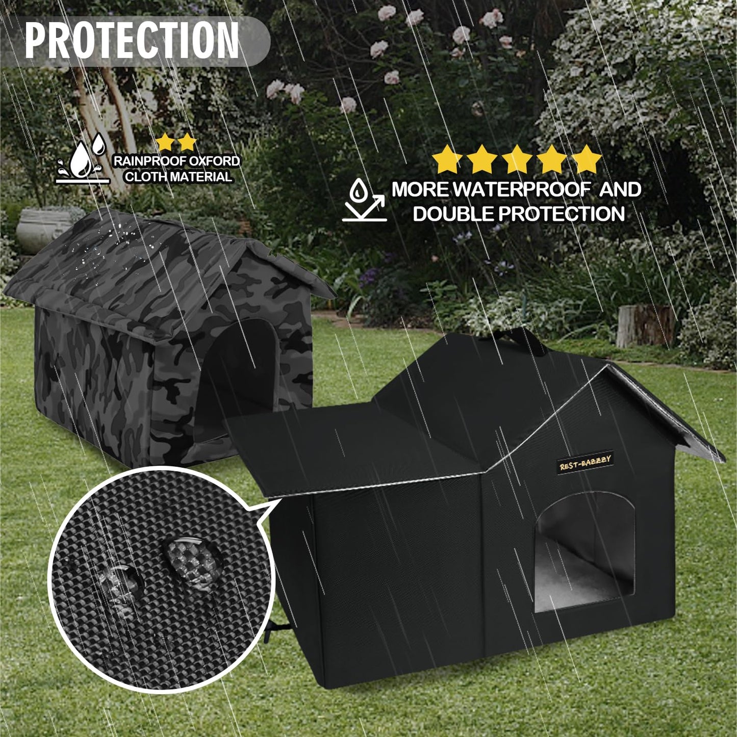 Rest-Eazzzy Outdoor Cat House, Feral Cat House Insulated with Mat and Clip, Weatherproof and Insulated, Cat Beds for Cats Kittens Puppies, Never Blow Away (Black, M 13" X 17" X 20")