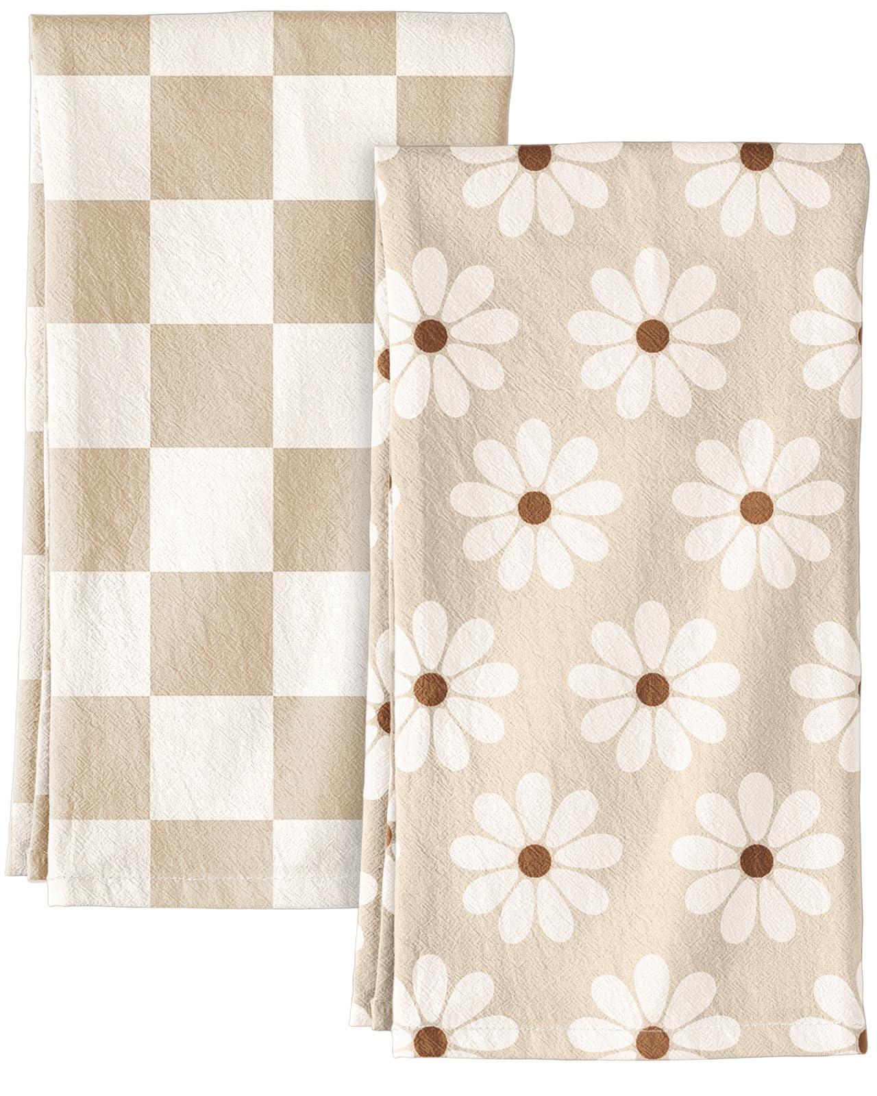 Miss Adola 2 Pack Flour Sack Kitchen Towels - 16x26 Inch Cotton Dish Towels with Hanging Loop Reusable Geometric Boho Modern Retro Tea Towel Absorbent Dishcloths Home Decor, Beige Checkered Flower