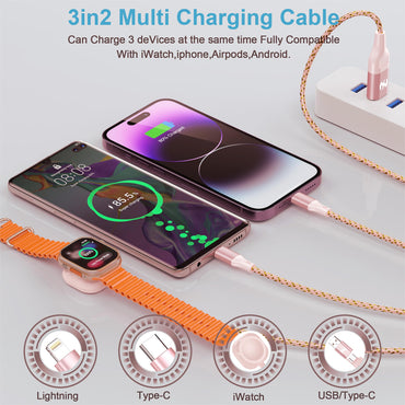 Multi Charging Cable for Apple Watch Charger,6ft iPhone Watch 3 in 1 Charging Cable,USB A/C to Type C/Lightning Cable for iWatch Ultra/SE/10-2,iPhone 16-5s,iPad,Android Phones