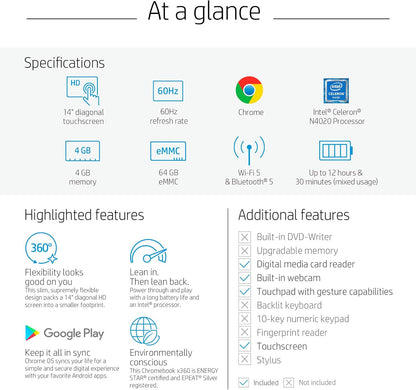 HP Laptop X360 14a- 14" Chromebook, HD Touchscreen, Intel Celeron N4020, 4GB LPDDR4 RAM, 64GB eMMC, WiFi, Webcam, BO Speakers, Bluetooth 4.2, Chrome Blue (Renewed)