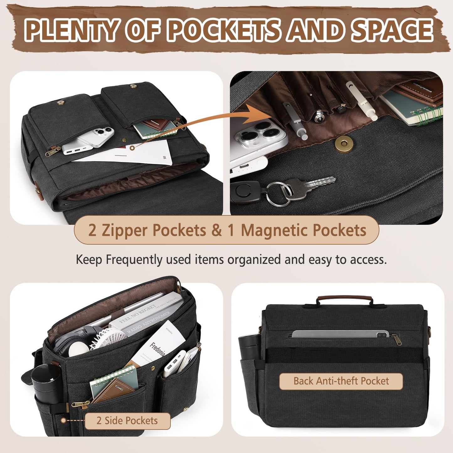 RAINSMORE Messenger Bag for Men 15.6-17.3 Inch Laptop Bag Water-resistant Canvas Briefcase Large Computer Satchel Shoulder Bag for Work College Travel, Black