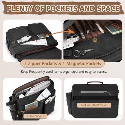 RAINSMORE Messenger Bag for Men 15.6-17.3 Inch Laptop Bag Water-resistant Canvas Briefcase Large Computer Satchel Shoulder Bag for Work College Travel, Black