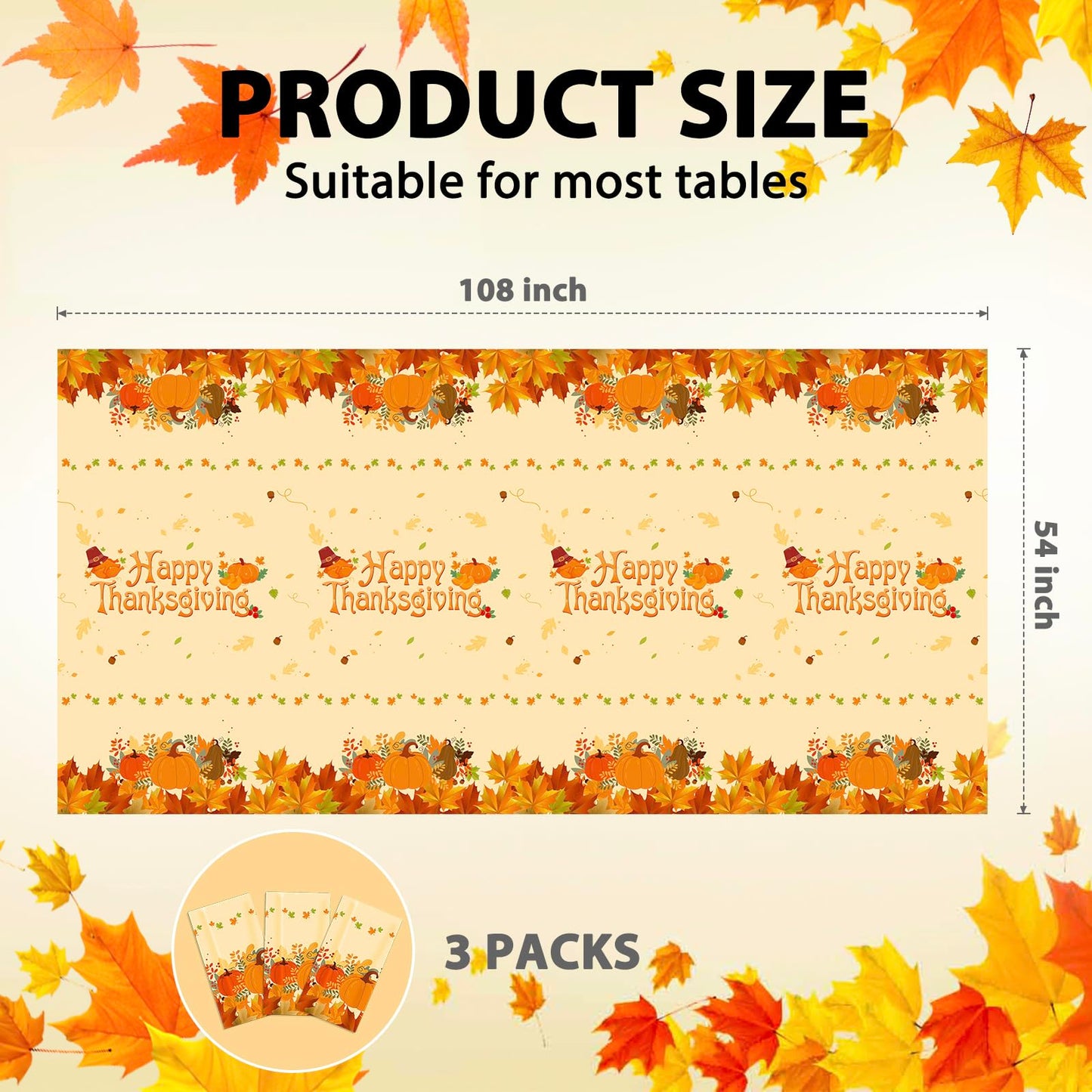 SUNCHARM Thanksgiving Tablecloth Disposable 3pcs - Plastic Thanksgiving Tablecloth Rectangle Fall Table Cloth Autumn Harvest Pumpkin Tablecover Table Cover for Dinner Party Decor 54x108 inches