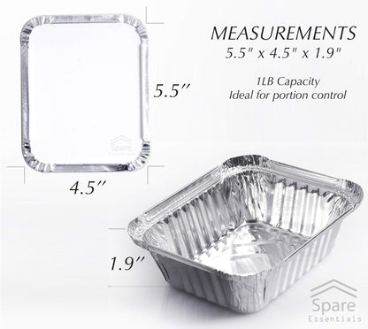 Spare Essentials 55 Pack - Small Foil Pans with Lids - To Go Food Containers with Lids 1lb Mini Aluminum Pans Freezer Safe Foil Take out Trays Heat proof Aluminum Meal Prep Containers 5.5x4.5x1.9 in
