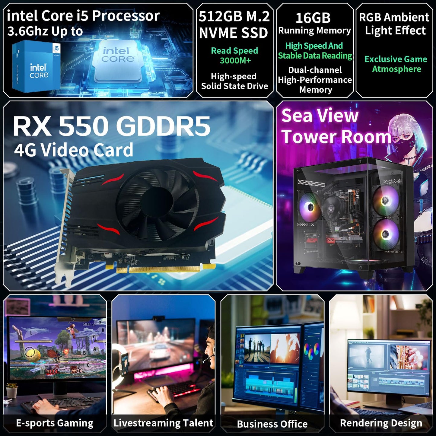Prebuilt Gaming PC Desktop Computer,Intel Core i5 Desktop,Operating at A Frequency of 3.2-3.6 GHz,RX550 Graphics Card with 4GB GDDR5 Video Memory,16GB RAM, 512GB NVME SSD,WiFi5,RGB Fan x4 Windows 11
