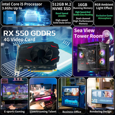 Vorkonfigurierter Gaming-PC, Intel Core i5 Desktop-Prozessor (3,2–3,6 GHz), RX550-Grafikkarte (4 GB GDDR5-Videospeicher), 16 GB RAM, 512 GB NVMe SSD, Wi-Fi 5, 4 RGB-Lüfter, Windows 11
