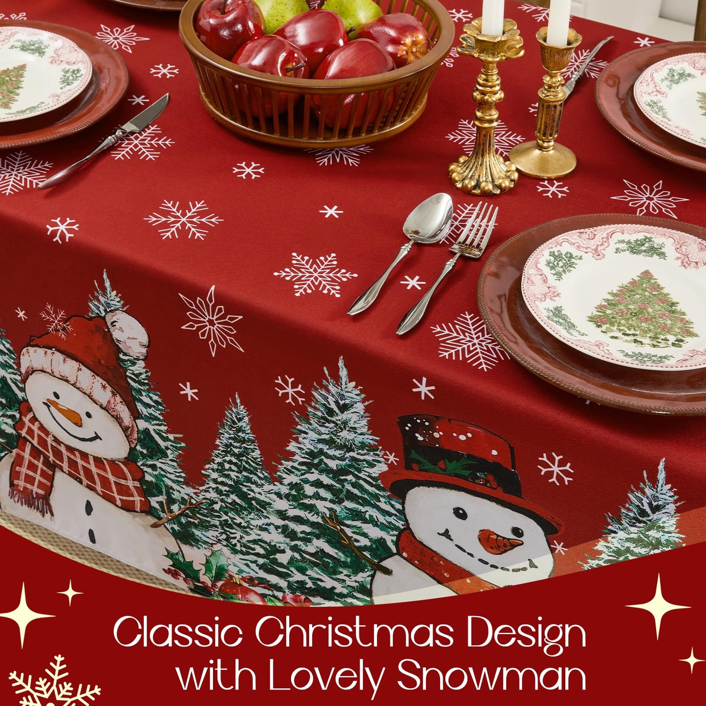 Romanstile Red Christmas Tablecloth, Printed Winter Snowman and Xmas Tree Design Rectangle Table Cloths, Holiday Decorative Stain-Resistant Table Covers for Dining Room Party Decor - 60 x 84 Inch