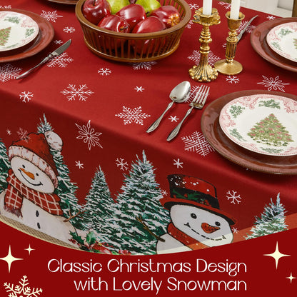 Romanstile Red Christmas Tablecloth, Printed Winter Snowman and Xmas Tree Design Rectangle Table Cloths, Holiday Decorative Stain-Resistant Table Covers for Dining Room Party Decor - 60 x 84 Inch