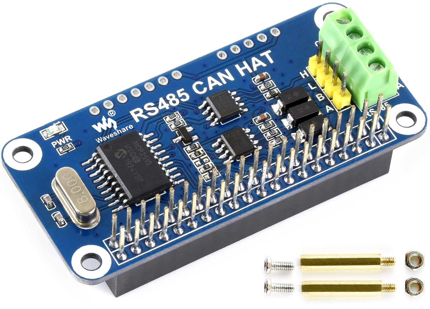 RS485 CAN HAT for Raspberry Pi 5/4B/3B+/3B/2B/B+/Zero/Zero W/WH/2W, Long-Distance Communication via RS485/CAN Function, Onboard CAN Controller MCP2515, SPI Interface Transceiver SIT65HVD230DR