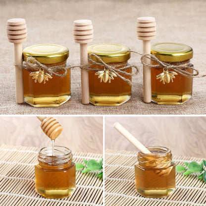 XING-RUIYANG 1.5 oz Hexagon Mini Glass Honey Jars -30Pack Honey Jars with Wood Dipper, Gold Lid, Bee Pendants, Jutes - Perfect for Baby Shower, Wedding Favors, Party Favors