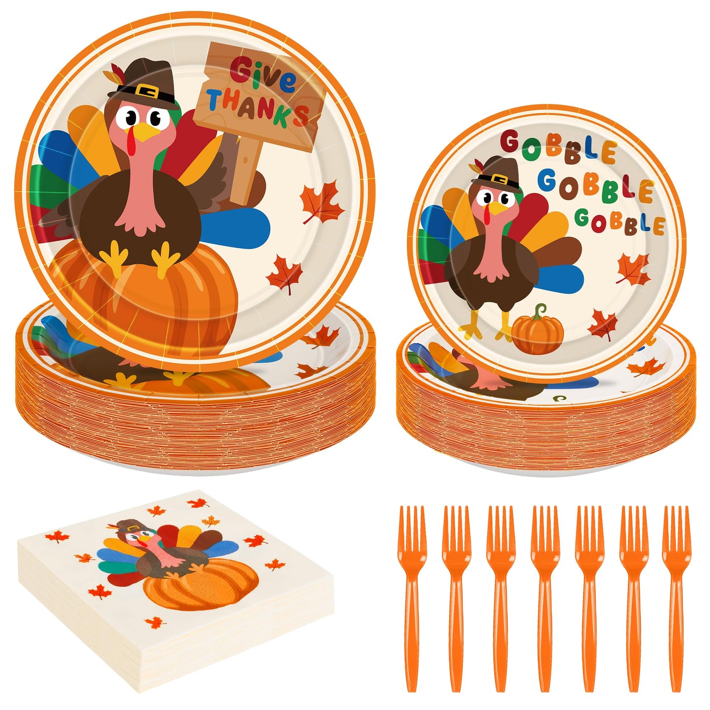 QZYL 120 PCS Thanksgiving Plates and Napkins, Disposable Thanksgiving Paper Plates, 9" and 7" Fall Party Tableware, Round Turkey Pumpkins Decorations for Harvest Banquet Decor Holiday Party Supplies