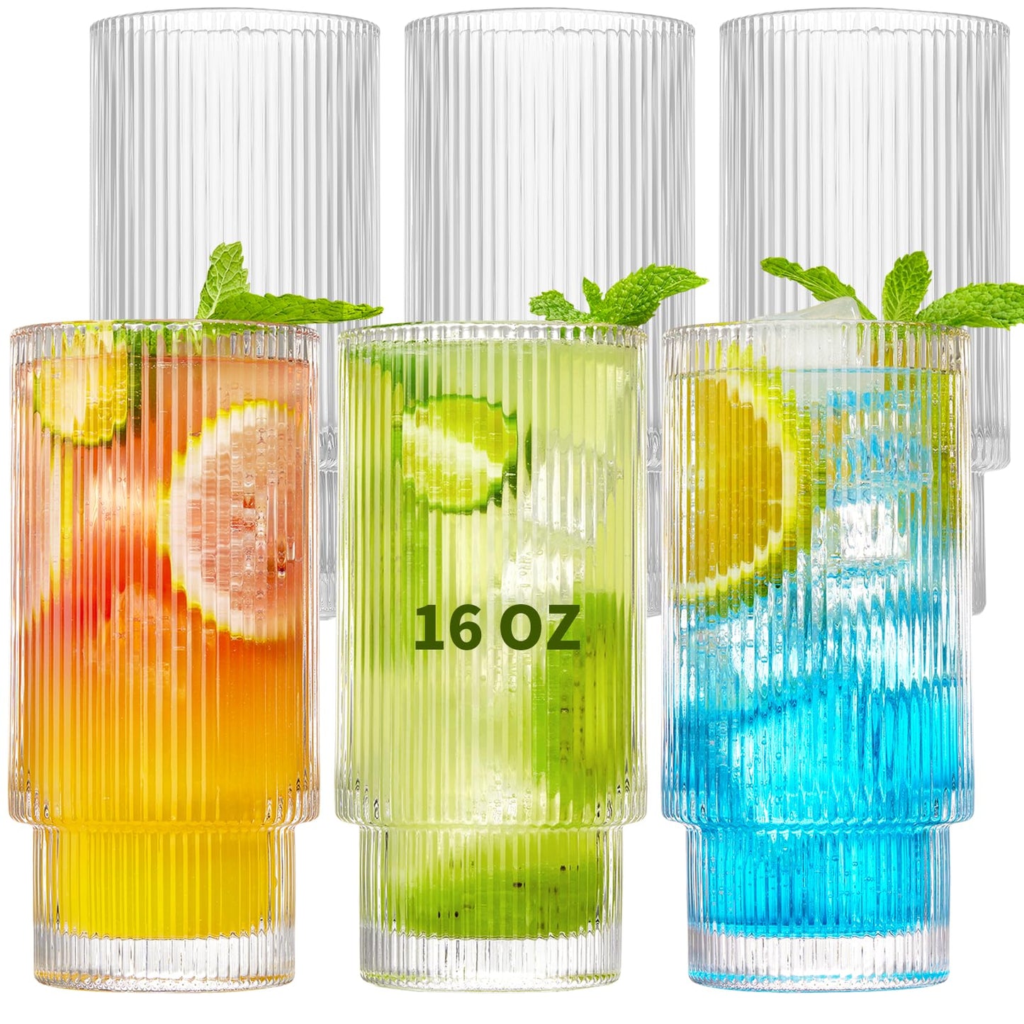 Qipecedm 6 Pack Ribbed Drinking Glasses, 16 oz Vintage Glass Cups, Highball Glasses, Premium Iced Coffee Glasses, Clear Glass Tumbler, Cocktail Glasses, Elegant Glassware for Water Juice Whiskey Beer