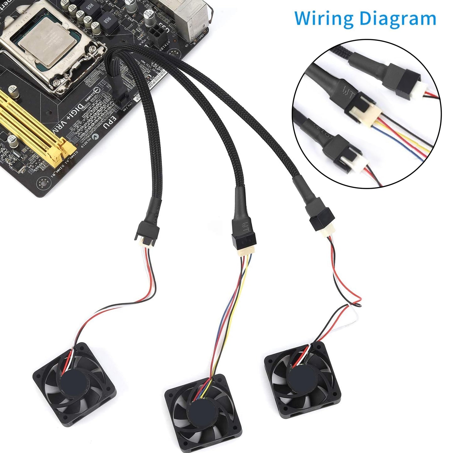 PWM-Lüfter-Splitterkabel, 25 cm, 3er-Pack, Schwarz, 3-fach 4-Pin PC-Lüfter-Verlängerungskabel, CA PWM-Lüfter-Verlängerungskabel, für Computer-ATX-Gehäuse 4-Pin/3-Pin Lüfterkabel