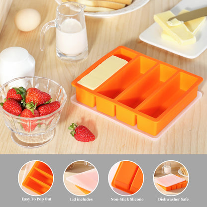 OHOLA Silicone Butter Mold Tray with Lids, Non-Stick for Chocolate, Energy Bars and Cake (1Pack, Stylish Orange Color)