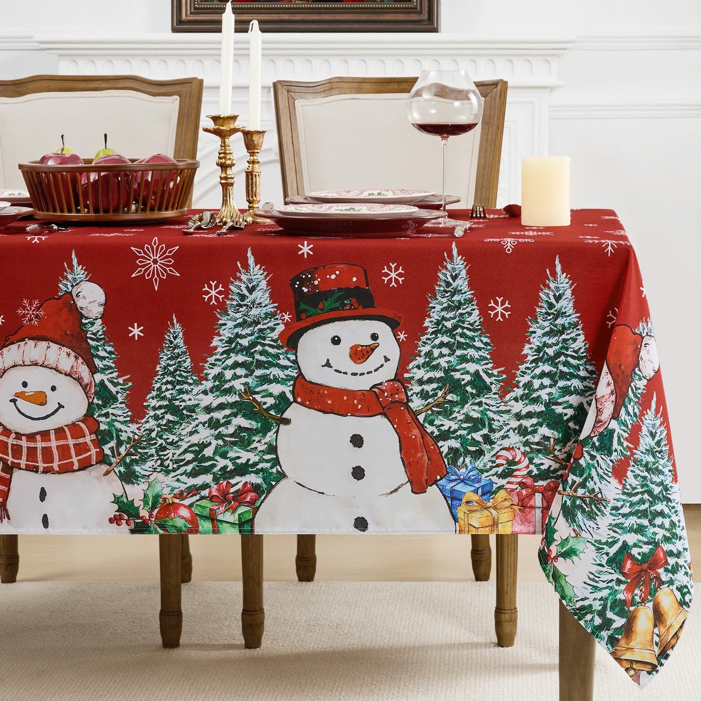 Romanstile Red Christmas Tablecloth, Printed Winter Snowman and Xmas Tree Design Rectangle Table Cloths, Holiday Decorative Stain-Resistant Table Covers for Dining Room Party Decor - 60 x 84 Inch