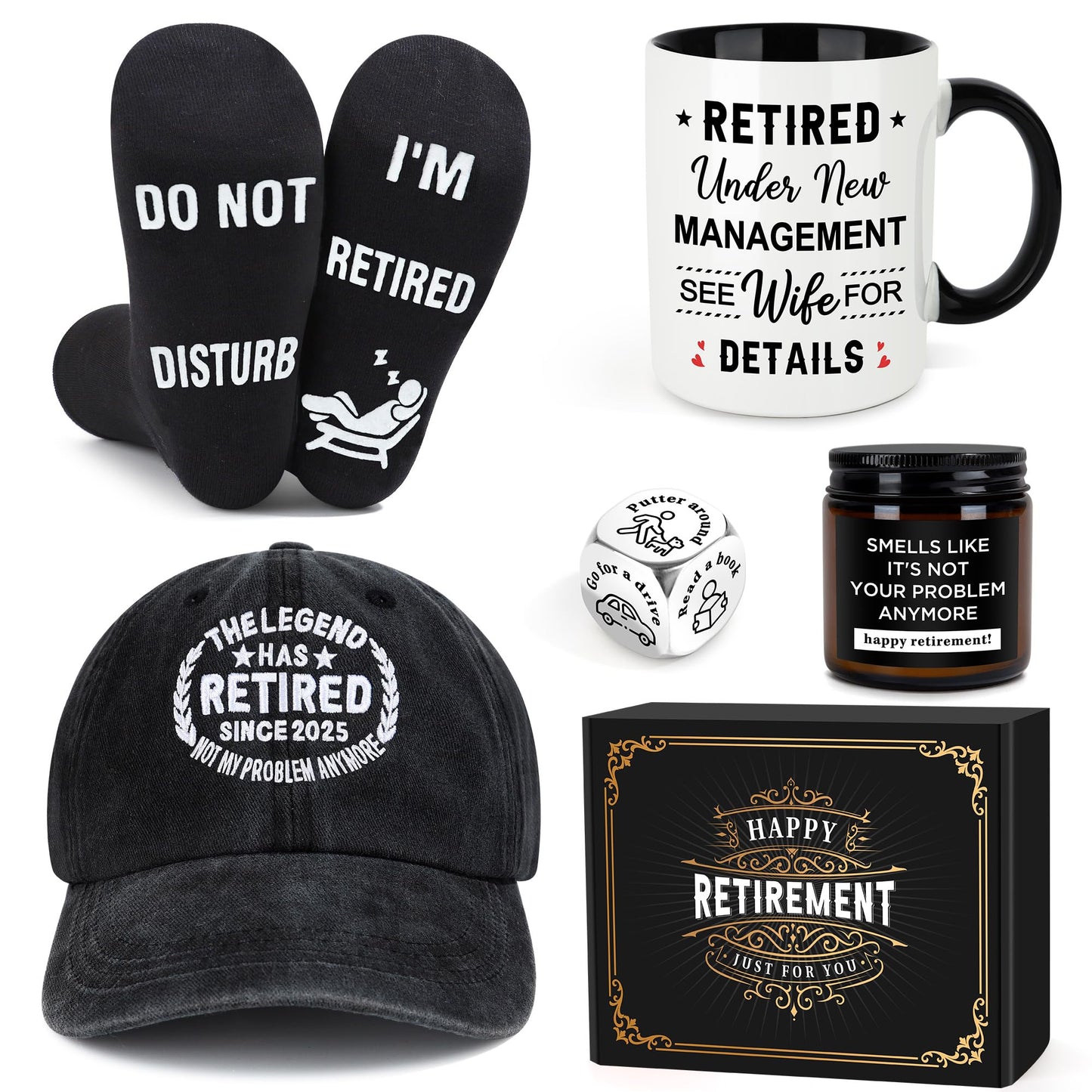 Retirement Gifts for Men 2025 Retired Gifts for Men Happy Retirement Decorations for Man The Legend has Retired Gift Ideas for Man Includes Mug Hat Candle Socks Dice