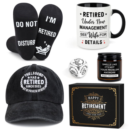 Retirement Gifts for Men 2025 Retired Gifts for Men Happy Retirement Decorations for Man The Legend has Retired Gift Ideas for Man Includes Mug Hat Candle Socks Dice