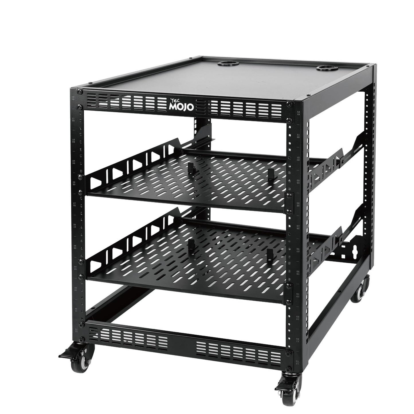 TECMOJO 12U Open Frame Network Rack for IT & AV Gear, 4-Post With Casters, Mobile With 2 PCS 1U Server Shelf & Mounting Hardware, for 19" Network, Audio and Video Device