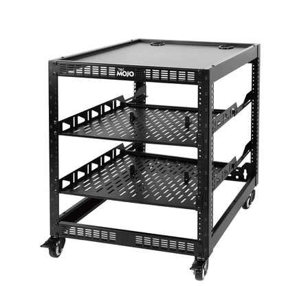 TECMOJO 12U Open Frame Network Rack for IT & AV Gear, 4-Post With Casters, Mobile With 2 PCS 1U Server Shelf & Mounting Hardware, for 19" Network, Audio and Video Device