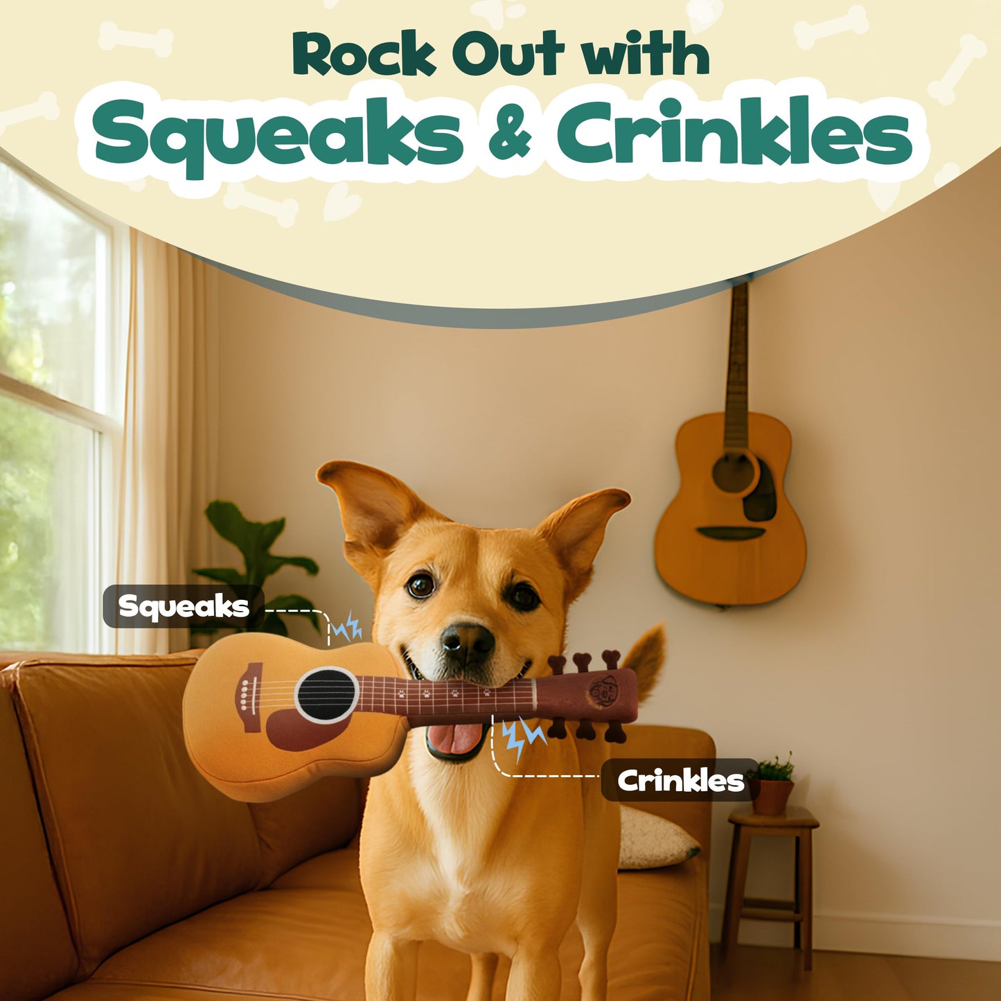 PUPROAR Acoustic Guitar Dog Toy - Christmas & Birthday Dog Gift, Interactive Squeaker & Crinkle, Plush & Cute, Fun Puppy Stocking Stuffer