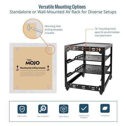TECMOJO 12U Open Frame Network Rack for IT & AV Gear, 4-Post With Casters, Mobile With 2 PCS 1U Server Shelf & Mounting Hardware, for 19" Network, Audio and Video Device