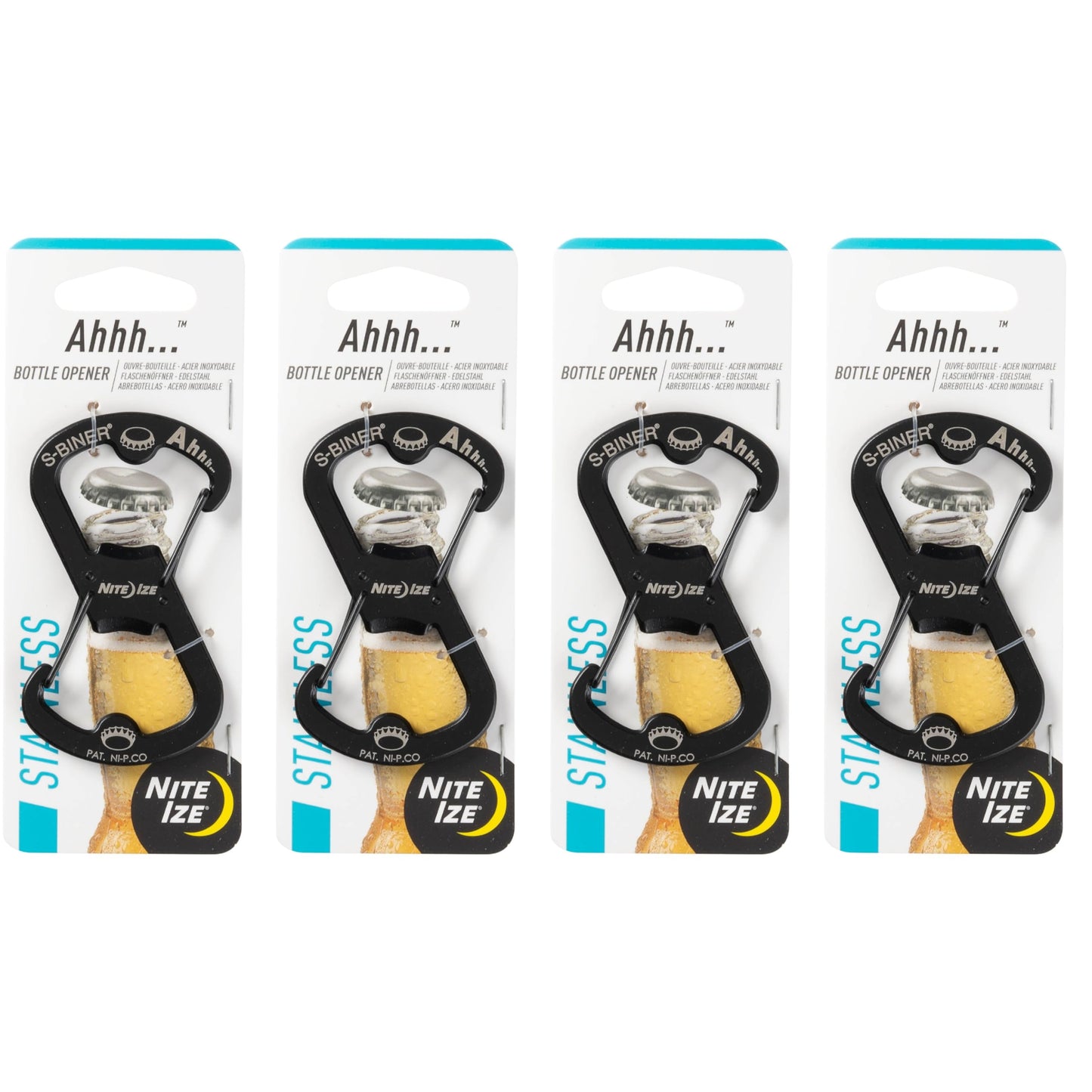 Nite Ize Ahhh... Stainless Bottle Opener - Keychain with S-Biner Functionality - Heavy-Duty Dual Bottle Opener Carabiner - Keychain Accessories - Black, 4 Count (4 Pack)