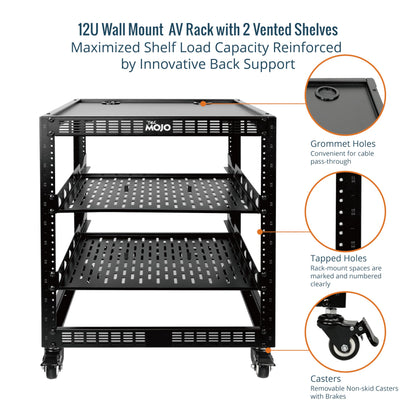 TECMOJO 12U Open Frame Network Rack for IT & AV Gear, 4-Post With Casters, Mobile With 2 PCS 1U Server Shelf & Mounting Hardware, for 19" Network, Audio and Video Device