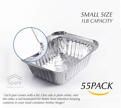 Spare Essentials 55 Pack - Small Foil Pans with Lids - To Go Food Containers with Lids 1lb Mini Aluminum Pans Freezer Safe Foil Take out Trays Heat proof Aluminum Meal Prep Containers 5.5x4.5x1.9 in