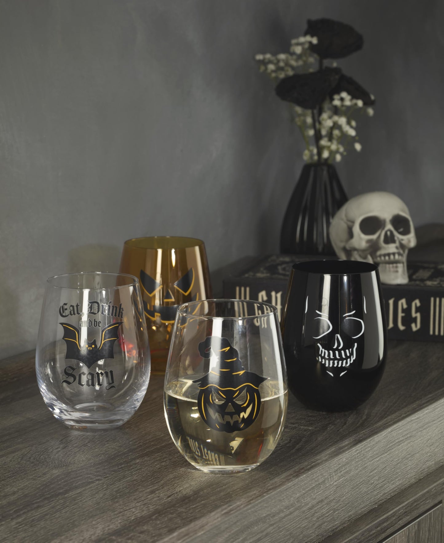 Oneida Barware, Vintro Halloween Stemless Wine Glasses, Set of 4, Dishwasher Safe, Made of Glass, Spooky Drinking Glasses Set, Halloween Decor Indoor, Skeletons and Bats as Design (4 Piece, 18 Oz)