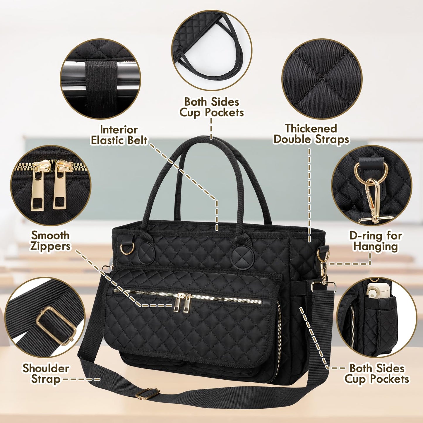 Teacher Tote Bag 15.6 Inch, Large Work Tote Bag With Laptop Compartments, Quilted Women Messenger Bag With Shoulder Strap for Office/Travel/School/Nursing Supplies Organizer,Black