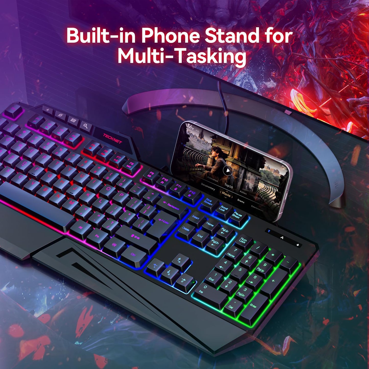 TECKNET Wired RGB Gaming Keyboard - 26-Key Anti-Ghosting, 13 Lighting Modes, Spill-Resistant, 108 Membrane Keys, Plug & Play - with Ergonomic Wrist Rest & Phone Holder for Windows/Mac (Black)
