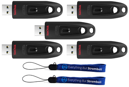 SanDisk 128GB Ultra USB 3.0 5-Pack Sleek Portable Flash Drive (SDCZ48-128G-U46) Bundle with (2) Everything But Stromboli Lanyards
