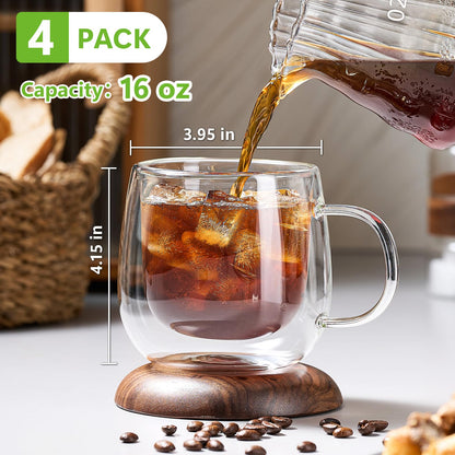 Pludyat 4er-Pack doppelwandige Glas-Kaffeebecher, 473 ml große, isolierte, transparente Kaffeebecher mit Henkel, Cappuccino-Becher für Espresso, Latte Macchiato, Americano, Teebeutel, Getränke, hitze- und kältebeständig