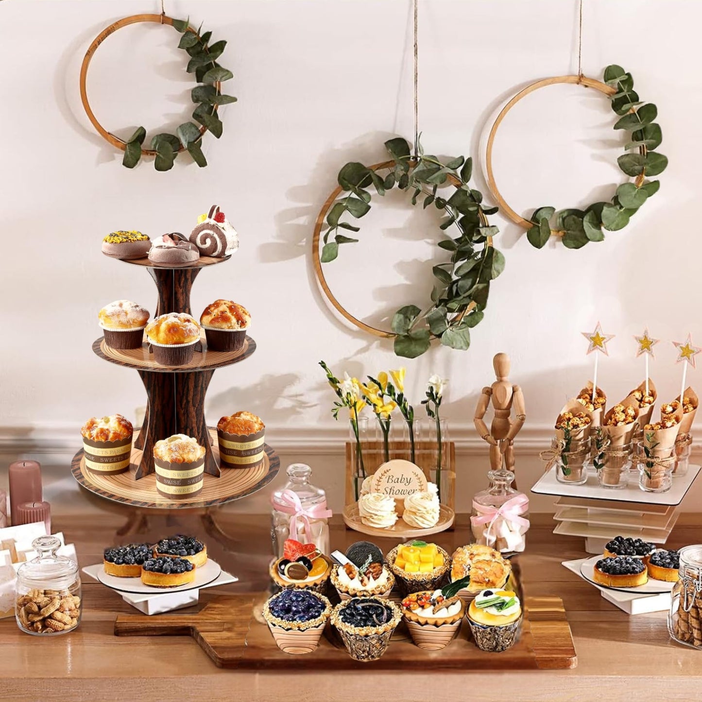 PANGU 2 Pack Rustic Wood Cupcake Stand for Party, 3-Tier Cardboard Cupcake Tower Holder for Baby Shower, Birthday, Camping, Safari Theme, Woodland Party Decorations, Dessert Display Tray (Wood Grain Look)