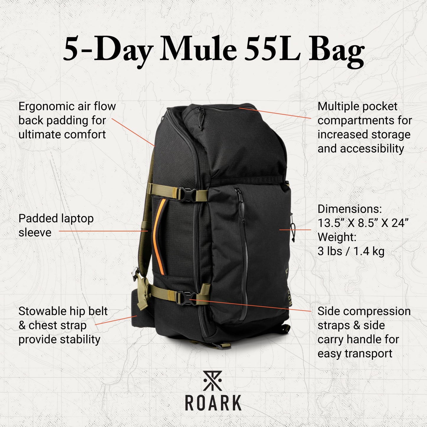 Roark 5 Day Mule 55L Backpack, Multi-Day Travel Pack with Laptop Storage, Black