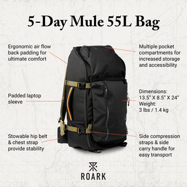 Roark 5 Day Mule 55L Backpack, Multi-Day Travel Pack with Laptop Storage, Black