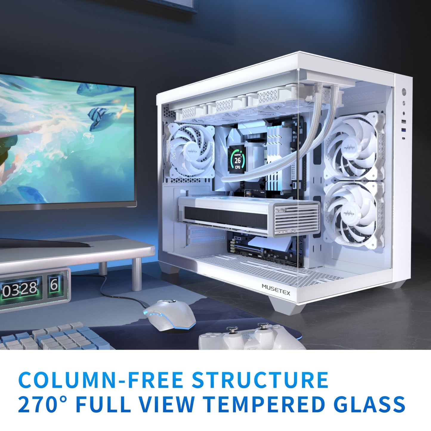 MUSETEX ATX PC Case, 360MM RAD Support, 3 x 120mm Non-ARGB Fans Pre-Installed, 270° Full View Tempered Glass Gaming PC Case with Type-C, Mid Tower ATX Computer Case, White, Y6