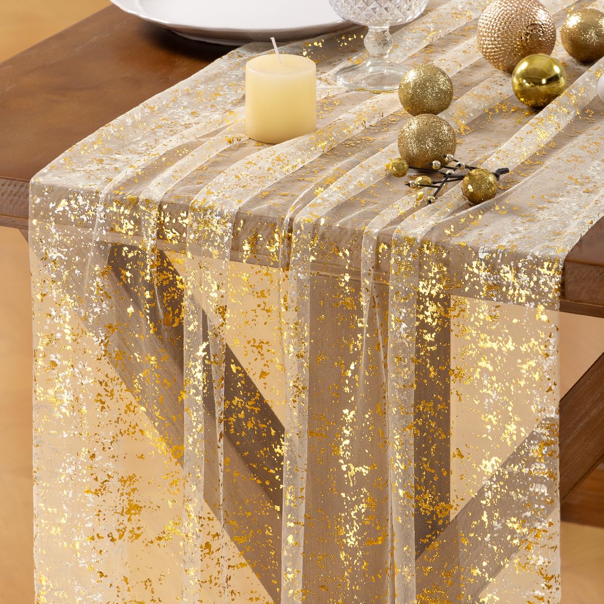 Socomi Tischläufer „Weihnachtsschnee“ aus goldfarbenem, transparentem Chiffon-Gaze-Paillettenstoff (3 m) mit Glitzer-Metallicfolie, geeignet für Hochzeiten, Geburtstage, Partys, Herbst, Winter, Jubiläen und Feiertage, Beige