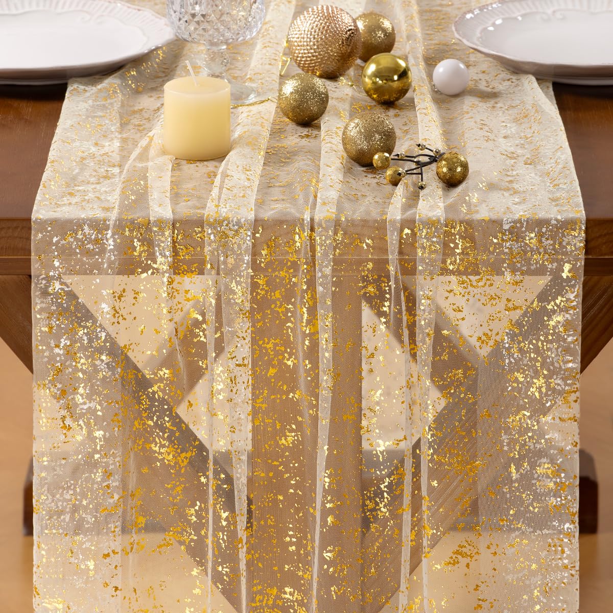Socomi Tischläufer „Weihnachtsschnee“ aus goldfarbenem, transparentem Chiffon-Gaze-Paillettenstoff (3 m) mit Glitzer-Metallicfolie, geeignet für Hochzeiten, Geburtstage, Partys, Herbst, Winter, Jubiläen und Feiertage, Beige