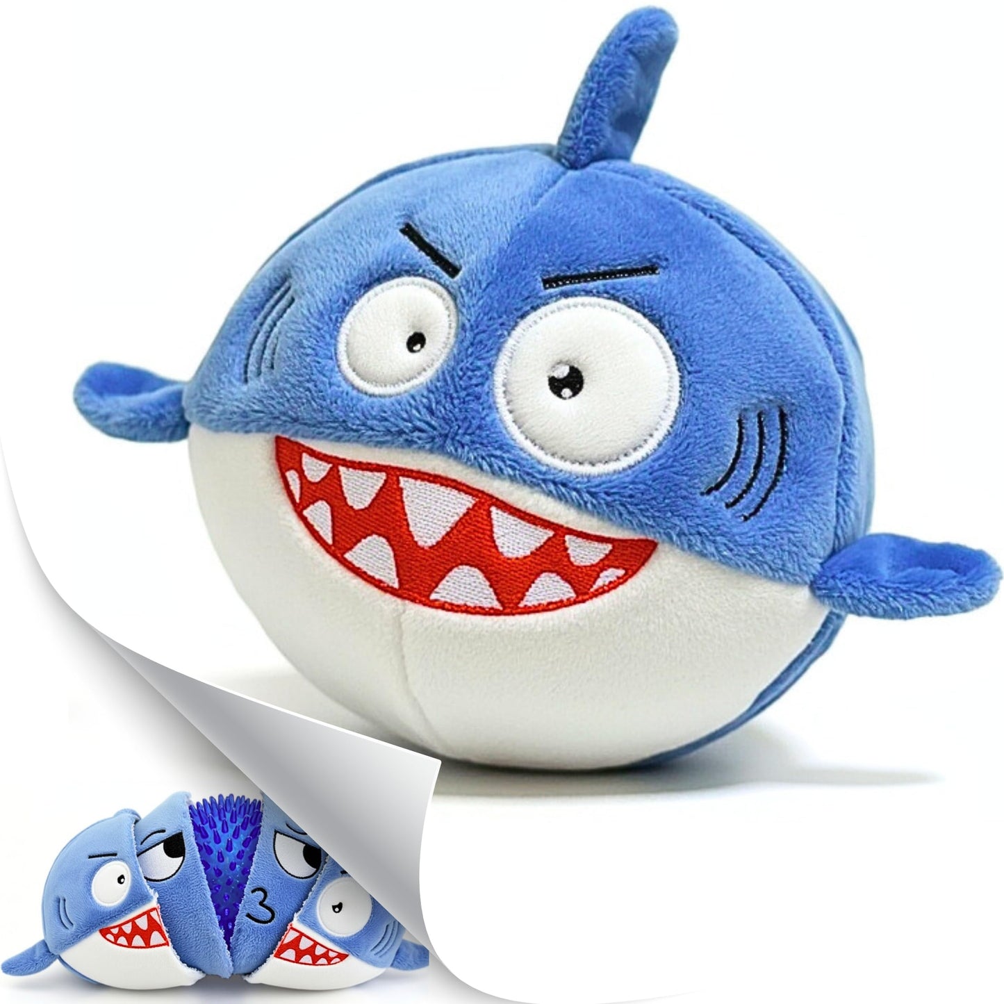 PeppyPawz 3 in 1 Squeaky Soft Plush Durable Dog Chew Toy for Aggressive Chewers, No Stuffing Interactive Tough Rip & Reveal Crinkle Shark Ball in Gift Box for Christmas, Puppy, Small & Large Breed Pet