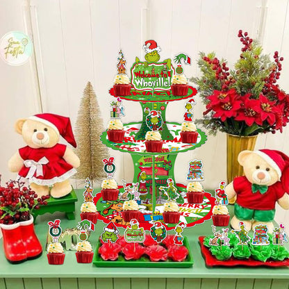 Tentaquil Green 3-Tier Cupcake Stand and 12pcs Cupcake Toppers Christmas Cupcake Holder Christmas Cupcake Decorations Whoville Christmas Decorations Christmas Party Supplies