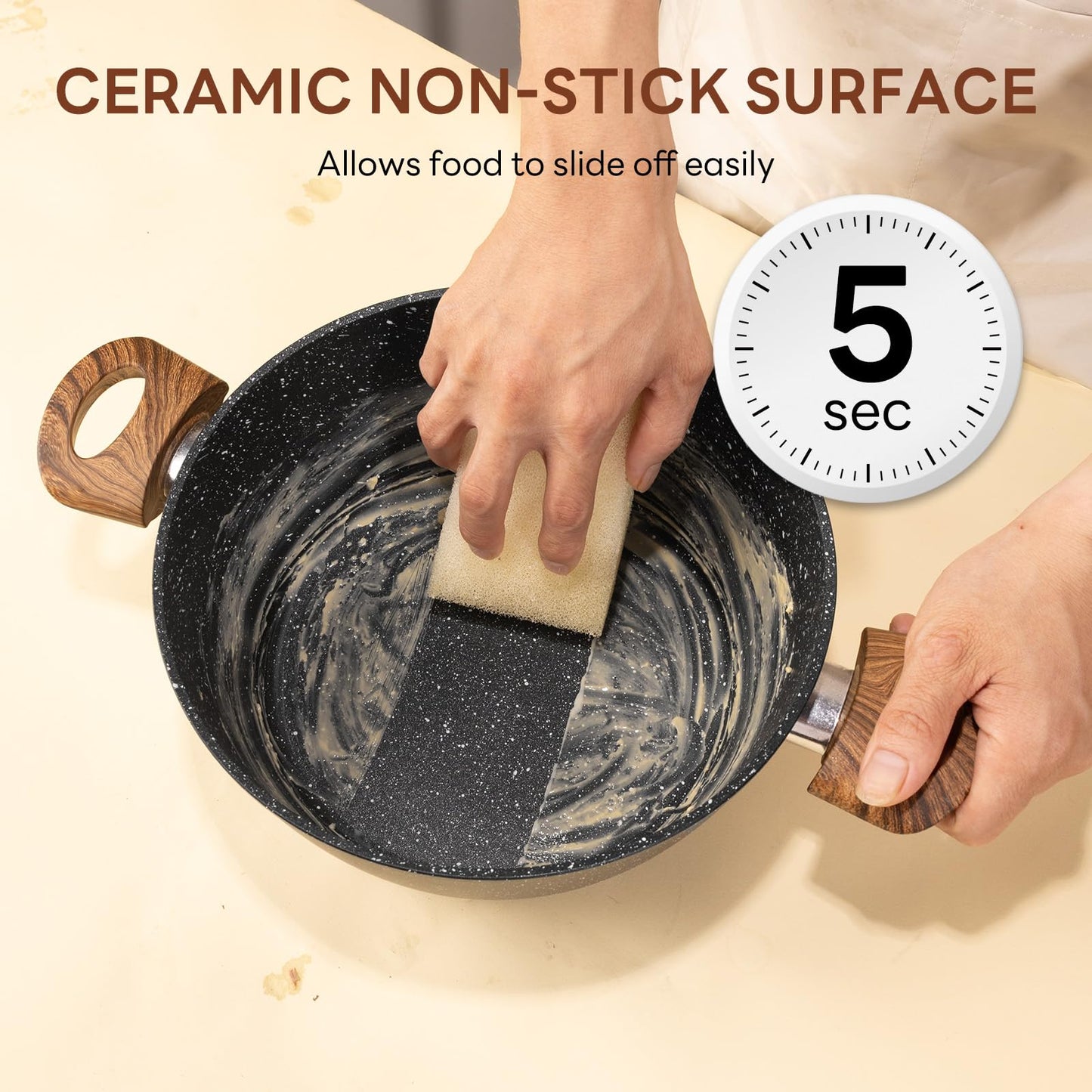 Sweetcrispy 17 Pcs Nonstick Pots and Pans, Non-toxic Kitchen Cooking Set with Stay-Cool Handles, Natural Black