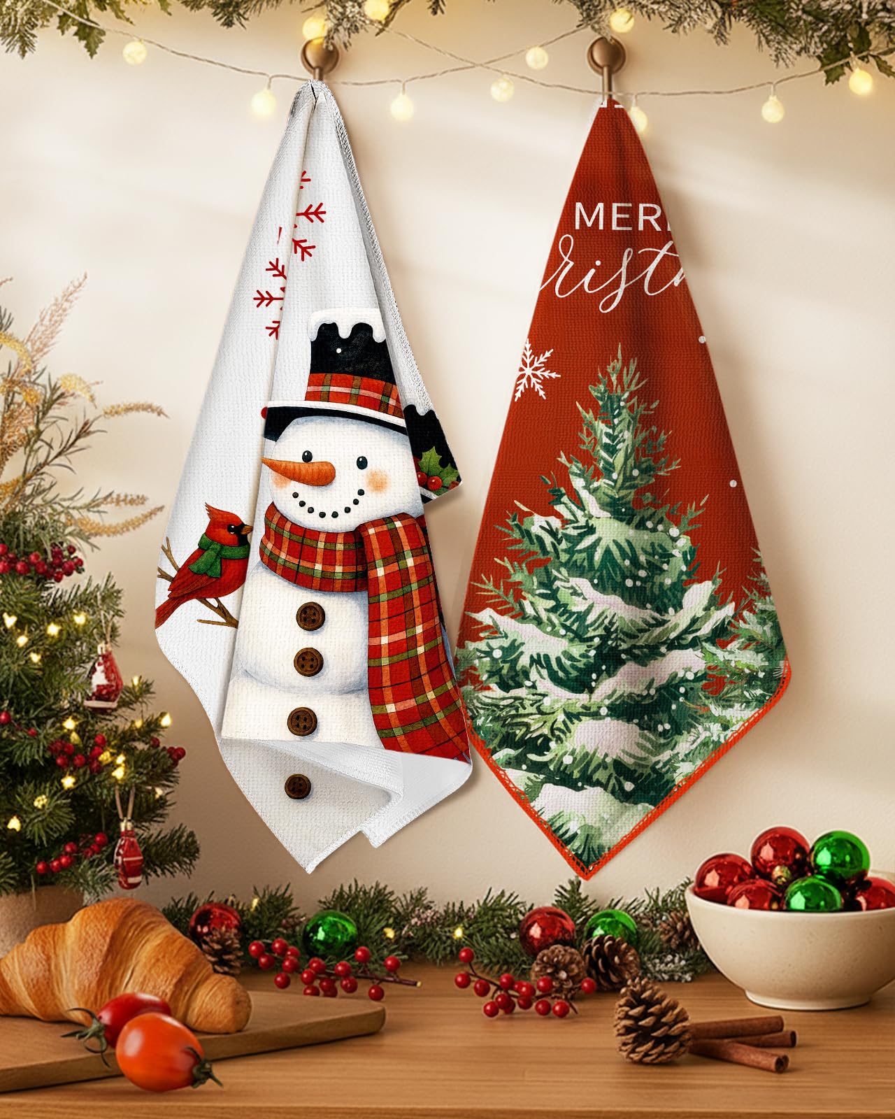 Miss Adola Christmas Kitchen Towels - Christmas Theme 18x26 Inch Absorbent 2pcs Microfiber Dish Towels for Kitchen, Cute Holiday Designs with Xmas Tree & Snowman for Decoration, Gifting, Housewarming