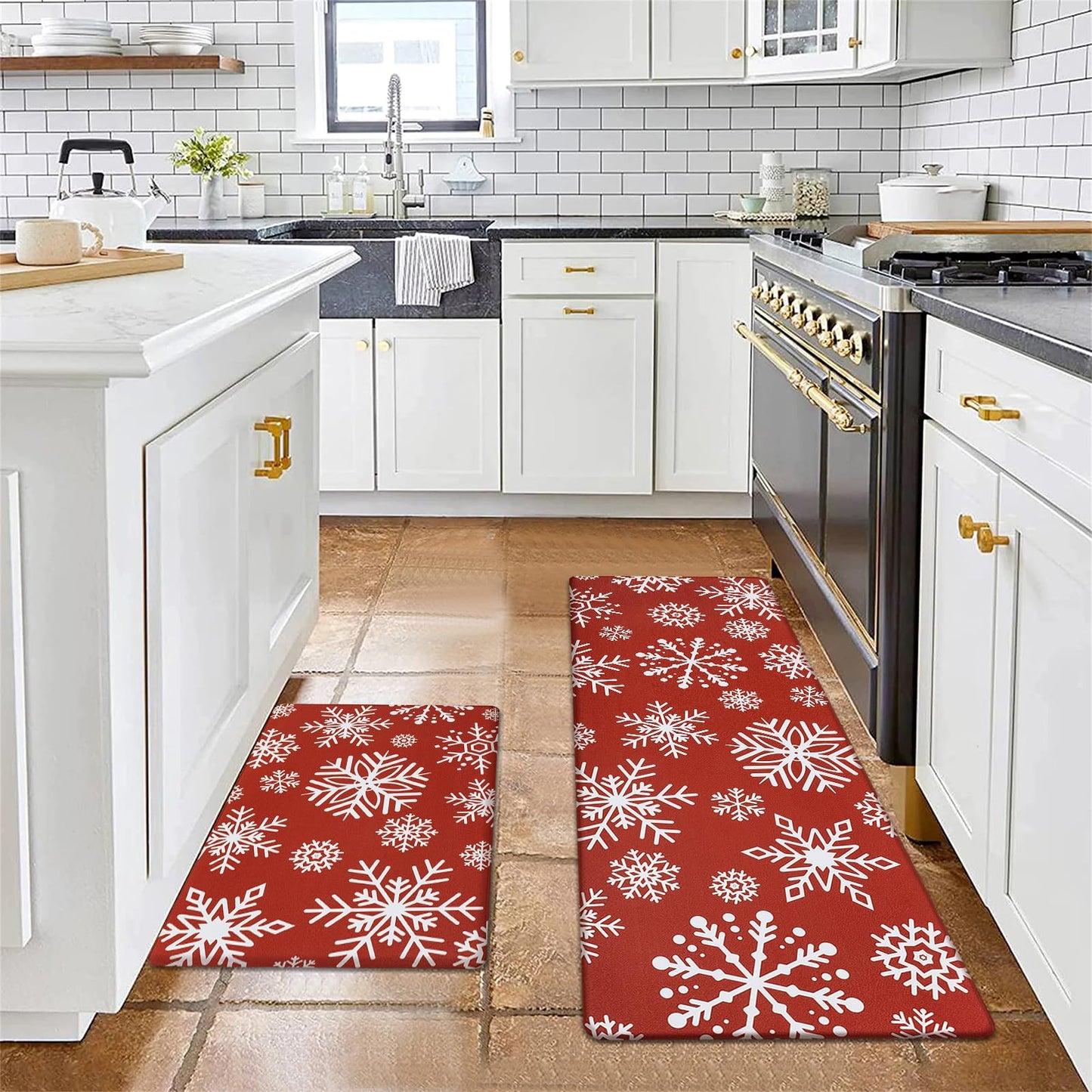 SHACOS Christmas Kitchen Rugs Set of 2 Anti-Fatigue Kitchen Mats Cushioned Red Christmas Kitchen Rugs White Snow Farmhouse Kitchen Mats and Rugs for Xmas 17x27.5+17x47, Snowflakes