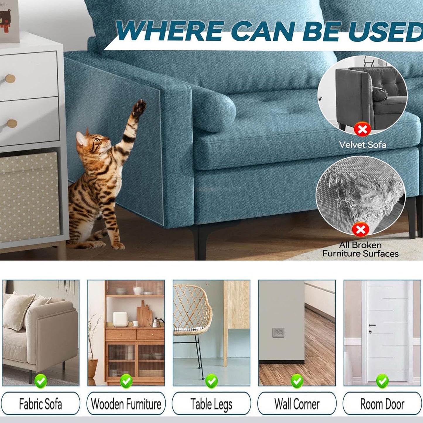 [Thicken Vinyl] Cat Scratch Furniture Protector, 162"x15" Couch Protector from Cat Claws, Single-Sided Sticky Anti Scratch Furniture Protector,Extended Size Protects More Furniture+50 Fixing