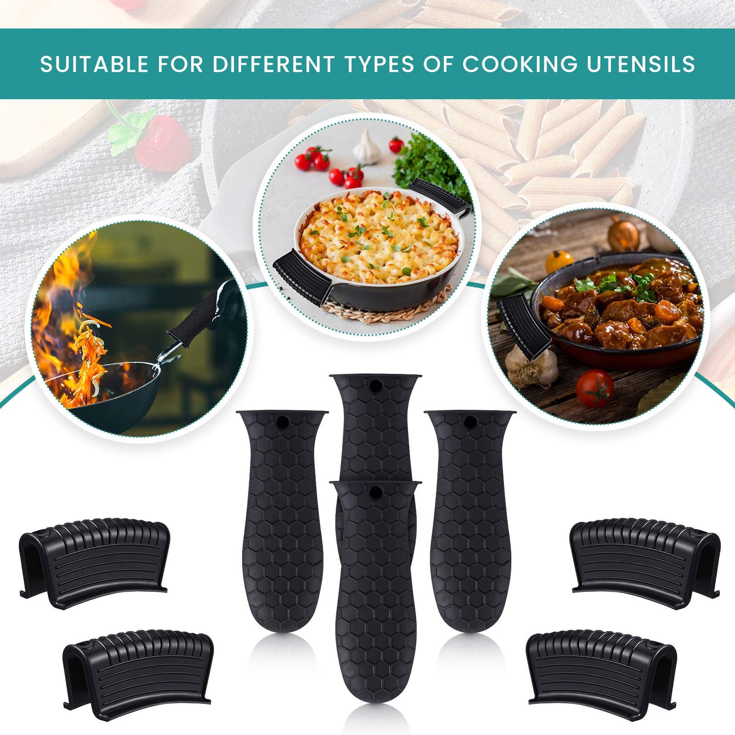 Patelai 8 Pcs Silicone Pot Holders Set Cast Iron Handle Cover Heat Resistant Pot Handle Covers Potholder Non Slip Reusable Pan Sleeve for Frying Pan Kitchen Supplies(Black)